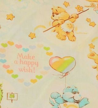 Vtg Care Bears Flat Sheet Make A Happy Wish 1982 Fabric Twin Bibb Heart Balloons
