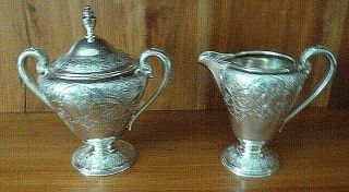 Vintage Wilcox Silver Plate Co Paisley 7032 Handled Footed Creamer Sugar W/lid
