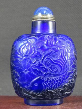 Chinese Carp Lotus Flower Carved Blue Peking Glass Snuff Bottle