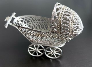 Antique German Small Soft Metal Baby Carriage Stroller Pram Ornament
