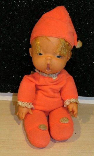 Vintage 1970 Mattel Baby Beans Bedside Yawning Neon Orange Doll