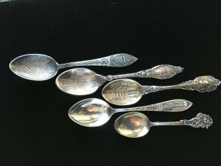 Four Sterling Souvenir Demitasse Spoons & One Sterling Baby Spoon