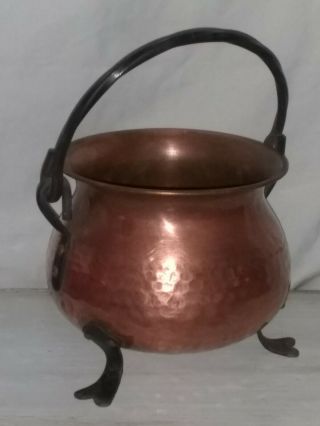 Antique Hand Hammered Copper Kettle Pot With Iron Handle And Feet Germany