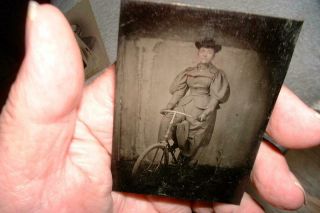 Antique Tintype Photo Women And Bicycle