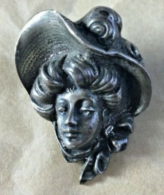 Vintage Antique 925 Silver Sterling Pin Victorian Lady With Hat