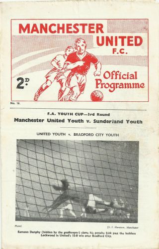 Rare Football Programme Manchester United V Sunderland F.  A Youth Cup 1962