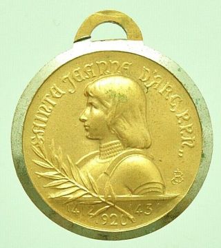 1920 Antique Religious Art Medal Saint Joan Of Arc & Heraldry