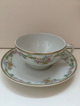 Rare Elite Limoges Tea Cup And Saucer With Bow Tie And Flower Basket