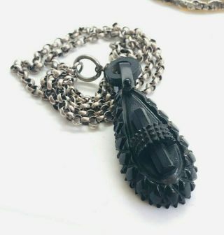 Antique Victorian Carved Jet Mourning Pendant & Silver Chain Rare Collectable