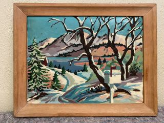 Framed Vintage Paint By Number On Canvas Of Winter Scene