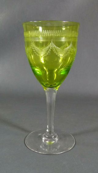 Antique Art Deco French Baccarat Acid Etched Garland Green Glass Stem Wine Cup