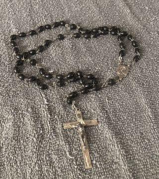 Antique Sterling Silver Black Wood Bead Rosary Italy Marked