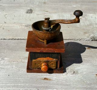 Antique Toy Daisy Coffee Grinder Mill Small Wood Cast Iron Miniature W/ Label