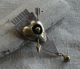 Rare Vintage Thomas Mann Sterling Silver Bronze Heart With Arrow Brooch Pin