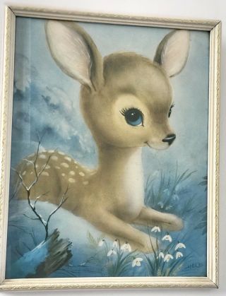 Kitsch Vintage Retro Big Eyes Deer Fawn Framed Art Print By Herb Rare 50’s 60’s