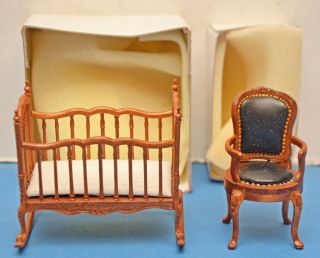 Rocking Crib And Chair 1/12 Dollhouse Miniature With Boxes