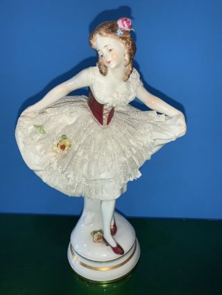 Antique Dresden Lace Figurine Germany Lady Ballerina Dancer Porcelain