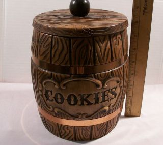 Antique,  Ceramic,  Wood Barrel Like,  Cookie Jar,  1960 " S Treasure Craft 9.  5 " X 6 "