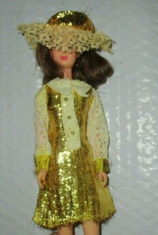 Vintage Mod Francie Barbie Clone Size " Gold Dress & Hat "