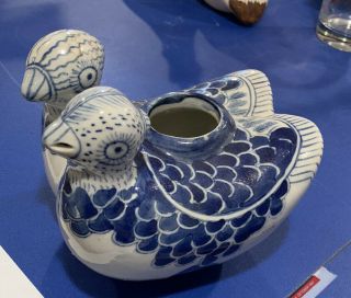 Vintage Asian Blue White Porcelain Two Bird Vessel -