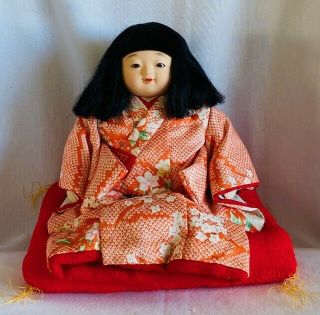 Vintage Signed Japanese Ichimatsu Doll Sitting 9 Inches Glass Eyes Gofun Girl