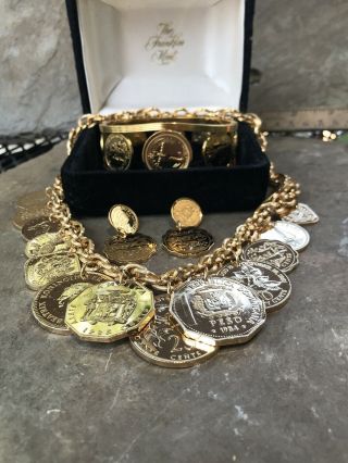 Rare Vintage Set Franklin The Golden Caribbean Necklace/ Watch/earrings