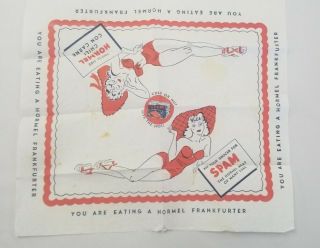Rare Paper Placemat With Hormel Frankfurter,  Spam & Chili W Beach Beauties 1950s