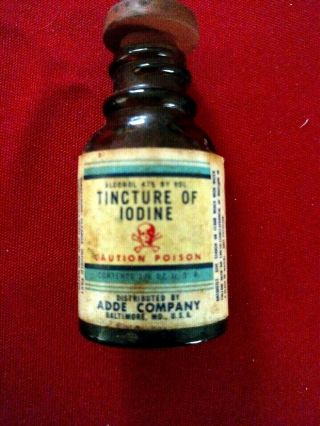 Vintage Antique Tincture Of Iodine Glass Bottle Skull Poison Rubber Stopper