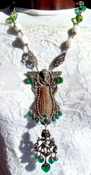 Very Old Egypt Green,  Opal Necklace,  Art Nouveau Fly,  Signed