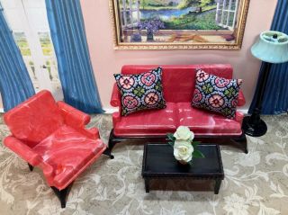 Ideal 4 PC LIVING ROOM SET Vintage Tin Dollhouse Furniture Renwal Plastic 1:16 2