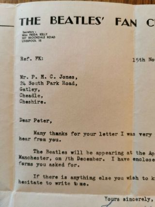 Official Beatles fan club letter typed and signed by Fred Kelly very rare 1965. 3