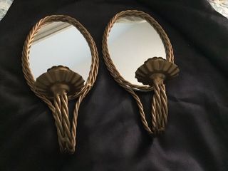 Vintage Mcm Set Of 2 Mirror Candle Wall Sconce Twisted Rope Antique Gold Frame