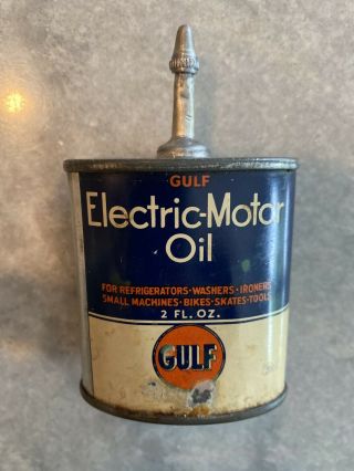 1920 - 40s - 2oz Rare Vintage Gulf Electric Motor Oil Tin Can Handy Oiler Lead Top