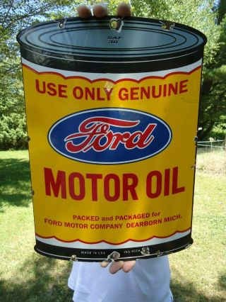 Rare Large Old Ford Motor Oil Can Porcelain Enamel Advertising Sign Die Cut