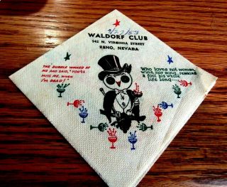 1953 Waldorf Club Reno Nv Virginia St Pictorial Cocktail Napkin Rare Souvenir