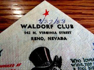 1953 WALDORF CLUB RENO NV VIRGINIA ST PICTORIAL COCKTAIL NAPKIN RARE SOUVENIR 2