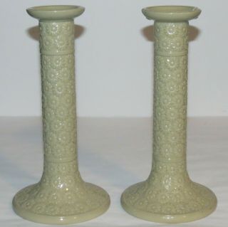 Antique Pair 19th Century 9 " Daisy Pattern Creamware Candle Holders 471
