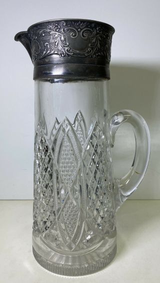Antique Pressed Glass Wine Water Carafe Pitcher Decanter Silver Plated Top