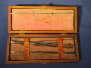 Antique Old Metal Knitting Needles With Wooden And Brass Box