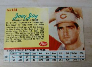 1962 Post Bb Card 124 Variation Blue Lines / Joey Jay / Cincinnati Reds Rare Sp
