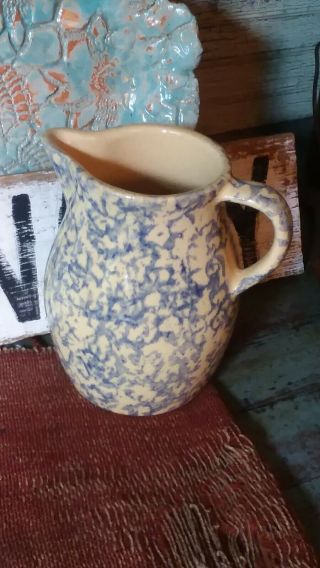 Primitive Vintage Antique Blue Spongeware Stoneware Pottery - Farmhouse