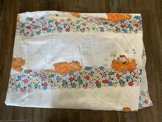 Vintage Garfield The Cat 1978 Jim Davis Fitted Twin Sized Bed Sheet Flowers Rare
