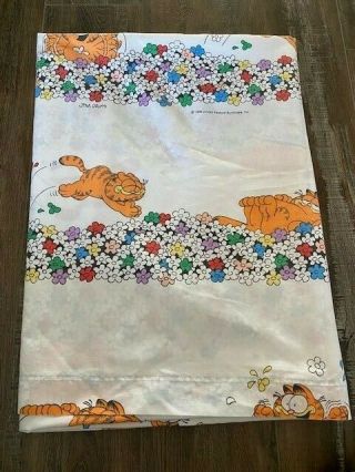 Vintage Garfield The Cat 1978 Jim Davis Flat Twin Sized Bed Sheet Flowers Rare