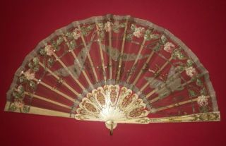 Antique French Art Nouveau Hand Sequins Embroidered Butterfly Roses Fan