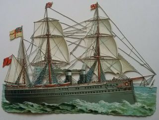 Very Large.  Antique,  Embossed, .  Chromo.  Victorian Steam/sailing Ship 35x25cms.