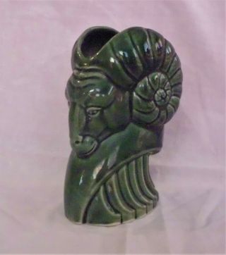 Unique & Rare1940s Antique Art Deco Green Pottery Ram Head Vase