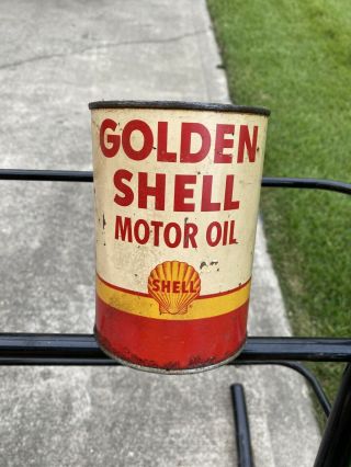 Rare Vintage Golden Shell Motor Oil Can Quart Qt Metal Tin Empty