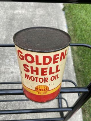 RARE Vintage Golden Shell Motor Oil Can Quart QT METAL TIN Empty 2