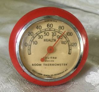 Vintage Red Enamel Tel Tru Junior Room Thermometer,  Germanow - Simon,  Rochester Ny