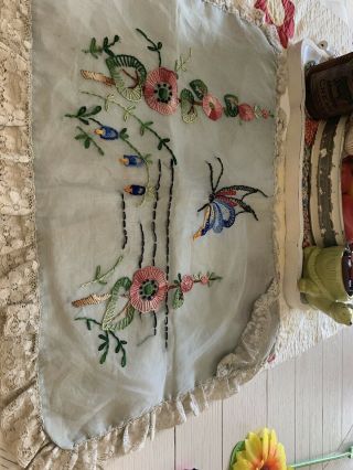 Gorgeous Vintage Hand Embroidered Organdy Pillow Cover